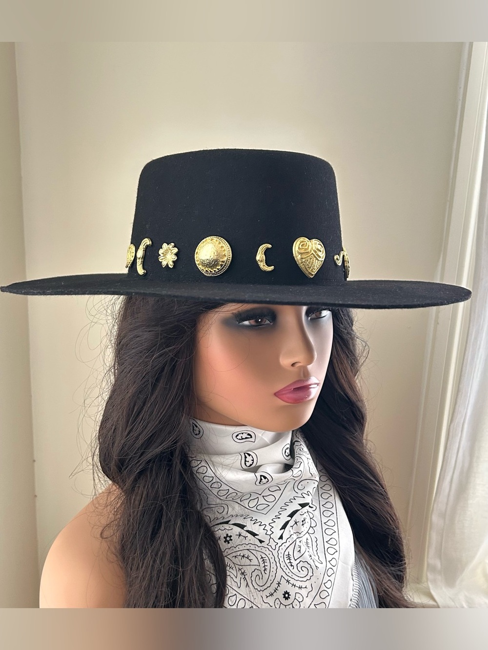 Free People x Lack of Color Black & Gold Cosmic Wool Boater Hat NWT Size Medium